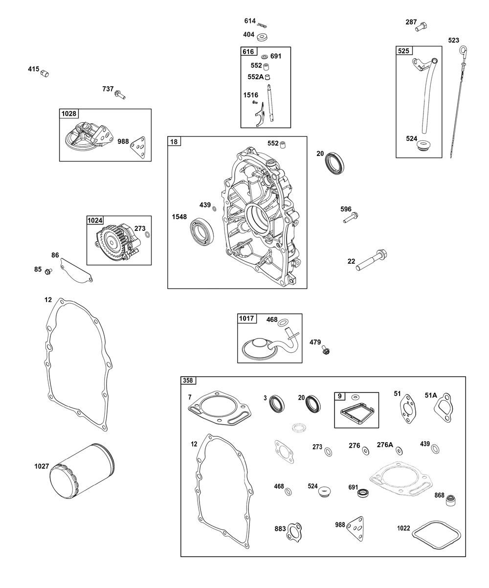 Crankcase Cover/Sump And Lubrication Group Diagram and Parts List for 356447-0636-G1 200000 - 399999 Briggs and Stratton Engine